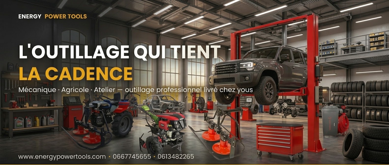Bannière ENERGY POWER TOOLS avec un 4x4 sur pont élévateur et des équipements de mécanique, d’agriculture et d’atelier